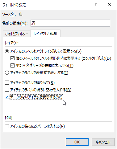 データのないアイテムを表示する